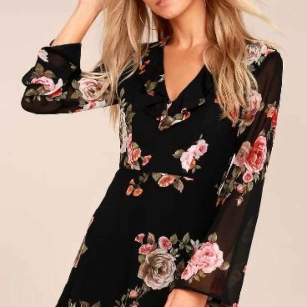 Lulu's Black Long Sleeve Floral Print Dress - Picture 2 of 6